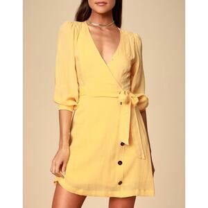 Lulu's Aja Golden Yellow Three-Quarter Balloon Sleeve Linen Like Dress